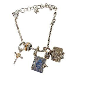 Brighton Silver Tone Charm Bracelet  Bible Suitcase Cross Rhinestones Hearts